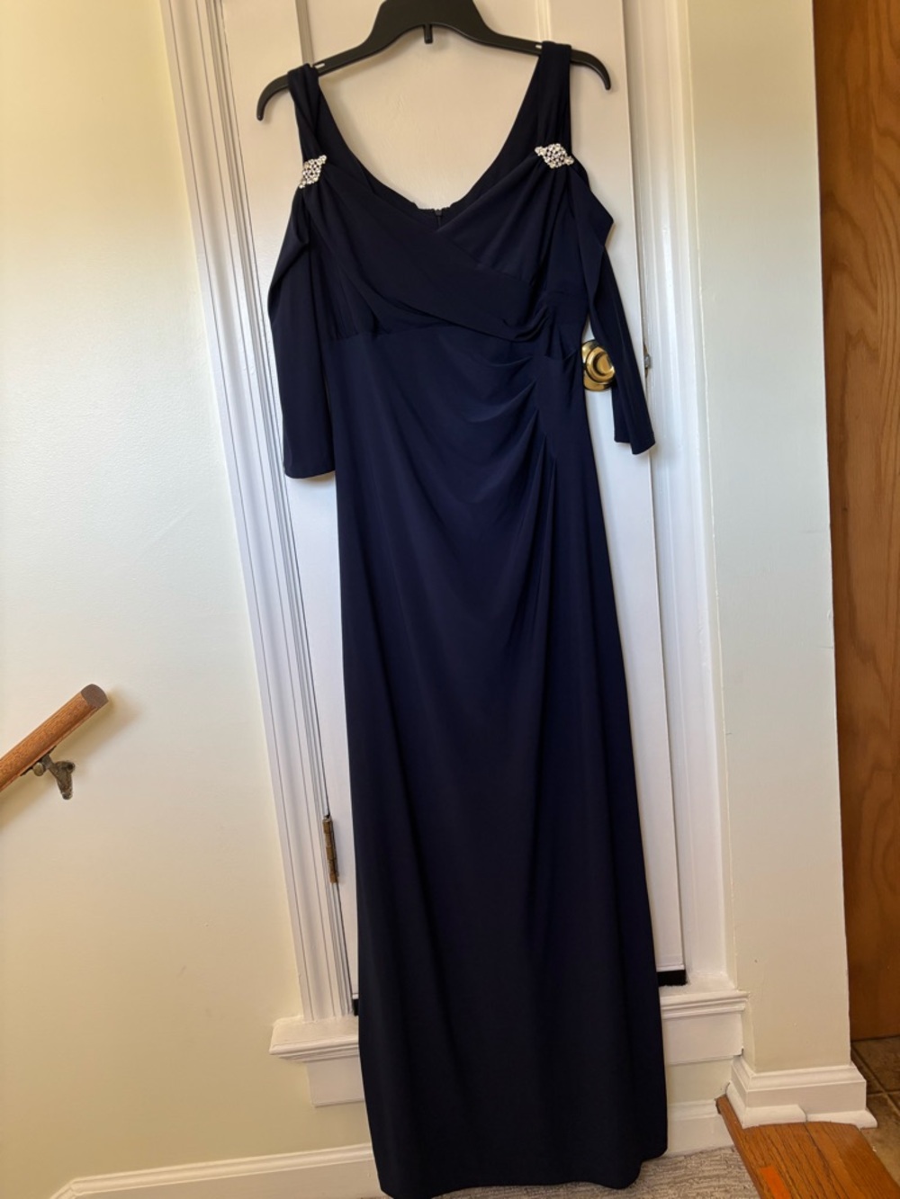 R&M Richards Navy Cold-Shoulder Evening Gown with Rhinestone Accents For Prom